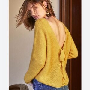 Sezane Cassie Yellow Sweater with Ribbon Laceup Back S